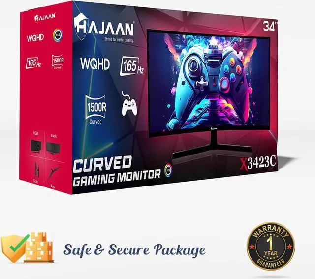 Alt view image 7 of 7 - HAJAAN 34 Inch UWQHD 165Hz RGB Curved Gaming Monitor | Ultrawide 21:9 3440x1440p, VA Display, Built-in Speakers | Tilt Adjustment | Wall Mountable | 2X DP, 2X HDMI - (X3423C)