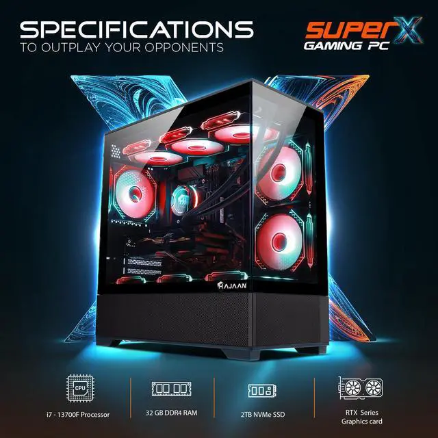 Alt view image 4 of 6 - HAJAAN SuperX Gaming PC  Liquid Cooled - Intel i7 13700F - GeForce RTX 4070 12GB - 32GB DDR4 - 2TB NVMe SSD - Windows 11 Pro - WiFi - Bluetooth - Mechanical Keyboard Mouse