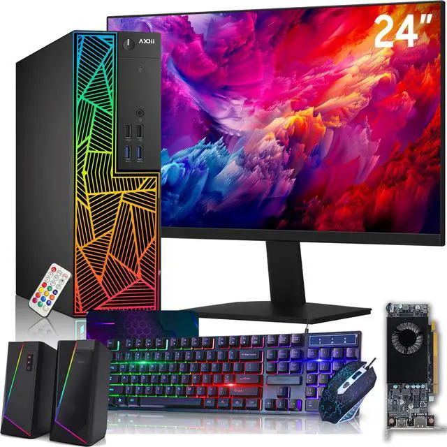 Main image of AXOII RGB Gaming PC Desktop Computer + 24 Inch FHD Monitor Intel Core i5, Radeon RX 550 4GB, 16GB DDR4, 512GB NVMe SSD, Wi-Fi, Speakers, Windows 11 Pro