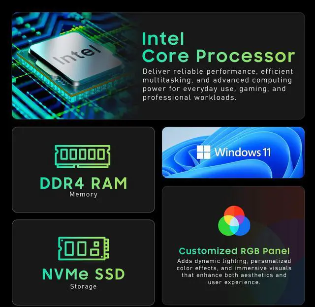 Alt view image 4 of 6 - AXOII RGB Desktop Computer PC Intel Core i5 up to 4.0GHz, 16GB RAM, 256GB NVMe SSD, Wi-Fi, Bluetooth, Windows 11 Pro