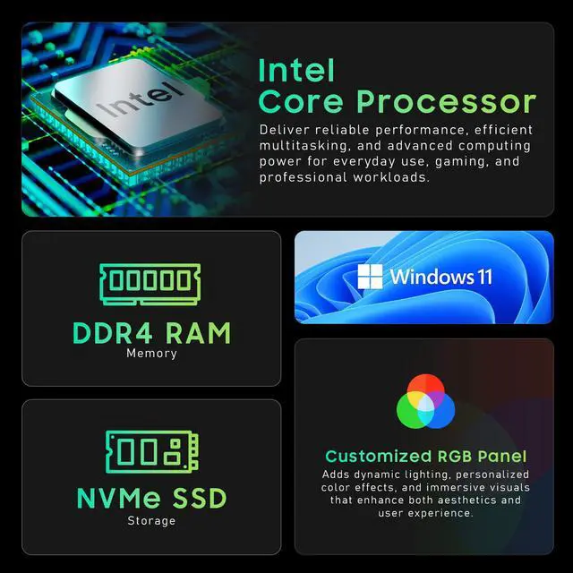 Alt view image 2 of 7 - AXOII RGB Desktop Computer PC Intel Core i5 up to 4.0GHz, 16GB RAM, 256GB NVMe SSD, Wi-Fi, Bluetooth, Windows 11 Pro