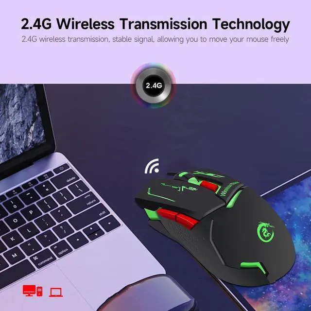 Alt view image 4 of 7 - HXSJ X30 Ergonomic 7 Colorful Lights 2400DPI Wireless Mouse with Built-in 1200mAh High Capacity Rechargeable Battery