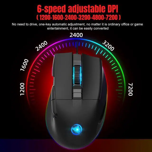 Alt view image 4 of 7 - HXSJ A905 Ergonomic USB Wired Game Mouse for Laptop PC (8 Macro Programmable Buttons, 7200DPI, RGB Backlit, Black)