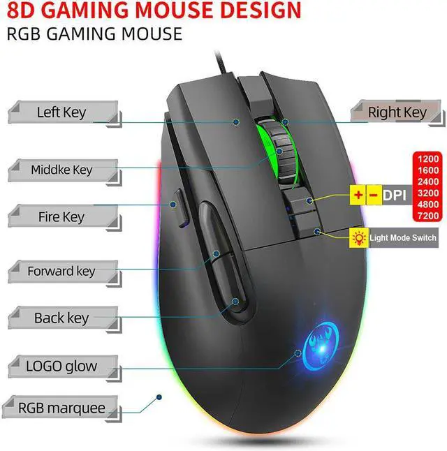 Alt view image 5 of 7 - HXSJ A905 Ergonomic USB Wired Game Mouse for Laptop PC (8 Macro Programmable Buttons, 7200DPI, RGB Backlit, Black)