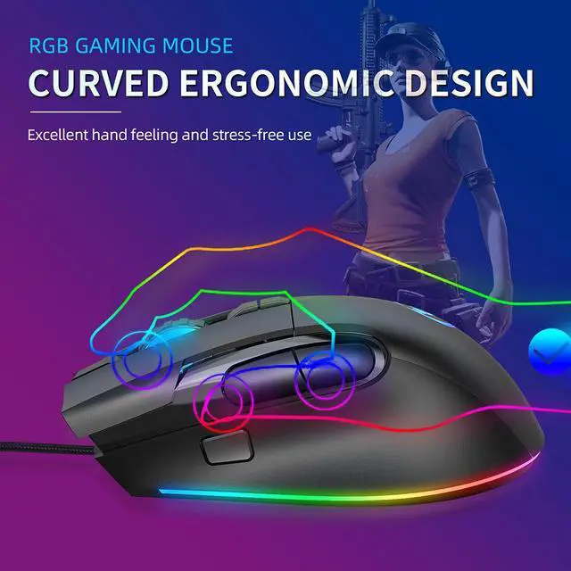 Alt view image 7 of 7 - HXSJ A905 Ergonomic USB Wired Game Mouse for Laptop PC (8 Macro Programmable Buttons, 7200DPI, RGB Backlit, Black)