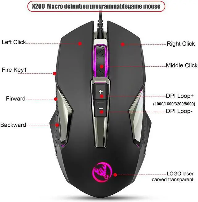 Alt view image 6 of 7 - HXSJ S600 Ergonomic Programmable Gaming USB Wired Mouse with Colorful RGB Light, 9 Macro Keys, 7200DPI