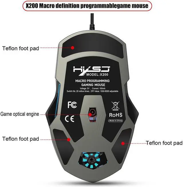 Alt view image 7 of 7 - HXSJ S600 Ergonomic Programmable Gaming USB Wired Mouse with Colorful RGB Light, 9 Macro Keys, 7200DPI