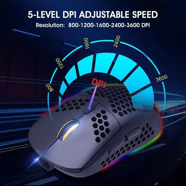 Alt view image 6 of 7 - HXSJ T90 Triple Mode Rechargeable Wireless Mouse (Bluetooth 3.0 + 5.0 + 2.4GHz Wireless, RGB Lighting, Adjustable DPI, Black)