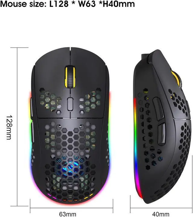 Alt view image 7 of 7 - HXSJ T90 Triple Mode Rechargeable Wireless Mouse (Bluetooth 3.0 + 5.0 + 2.4GHz Wireless, RGB Lighting, Adjustable DPI, Black)