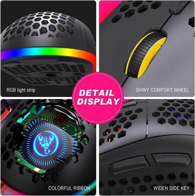 Alt view image 5 of 7 - HXSJ T90 Triple Mode Rechargeable Wireless Mouse (Bluetooth 3.0 + 5.0 + 2.4GHz Wireless, RGB Lighting, Adjustable DPI, Black)