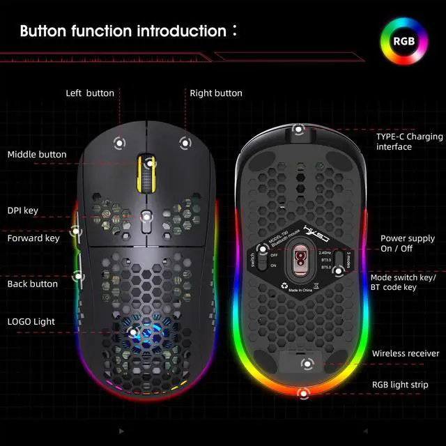 Alt view image 4 of 7 - HXSJ T90 Triple Mode Rechargeable Wireless Mouse (Bluetooth 3.0 + 5.0 + 2.4GHz Wireless, RGB Lighting, Adjustable DPI, Black)
