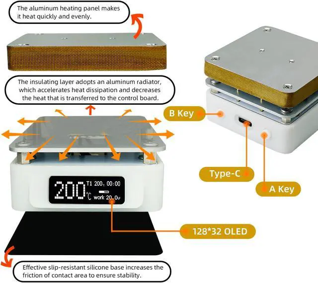 Alt view image 4 of 7 - SEQURE Electric Soldering Hot Plate, 25V 95W OLED Mini Preheat Soldering Station, Timed Heating Rework Heater Lab 55MM x 55MM Plate (Only T55 Controller)