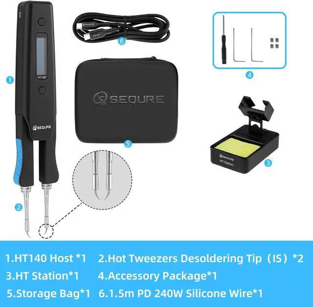 Alt view image 7 of 7 - SEQURE HT140 2-IN-1 Hot Tweezers And Soldering Iron Compatible with C210 Soldering Tips And C120 Hot Tweezers Cartridge Tips Desoldering Tips Support PD|QC|DC Power Supply Desoldering Repair Tool for