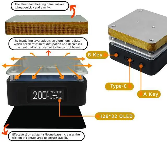 Alt view image 4 of 7 - SEQURE Electric Soldering Hot Plate, 25V 95W OLED Mini Preheat Soldering Station, Timed Heating Rework Heater Lab 55MM x 55MM Plate (Only T55 Controller)