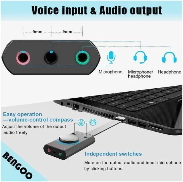 Alt view image 2 of 6 - USB Sound Card Adapter BENGOO External Audio Adapter Stereo Sound Card Converter 3.5mm AUX Microphone Jack for Gaming Headset Earphone PS4 Laptop Desktop Windows Mac OS Linux, Plug Play