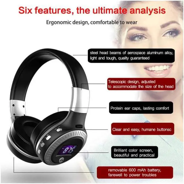 Alt view image 6 of 7 - Zgeer Wireless Bluetooth Headphones LED Display Screen Headset Stereo Handsfree with Mic FM Radio TF Card Slot for Computer PC Smartphone