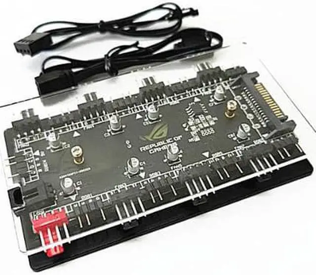 Alt view image 2 of 6 - 2-in-1 PWM & ARGB 5V Addressable RGB Controller Hub 8 Ports 12V 4Pin Fan & 5V 3Pin AURA Adapter with PMMA Case and Magnetic Standoff for Cooling Radiator & ASUS/MSI LED Strip - SATA Powered