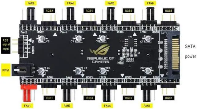 Alt view image 6 of 6 - 2-in-1 PWM & ARGB 5V Addressable RGB Controller Hub 8 Ports 12V 4Pin Fan & 5V 3Pin AURA Adapter with PMMA Case and Magnetic Standoff for Cooling Radiator & ASUS/MSI LED Strip - SATA Powered