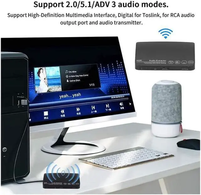Alt view image 2 of 7 - HDMI Splitter, HDMI Audio Extractor Switch, Bluetooth 5.0/4K/60HZ Analog Stereo R/L Audio Extractor Compatible with Dolby HD/DTS HD/Dolby Atoms/Dolby AC3/DTS/LPCM (HDCN0052M1)