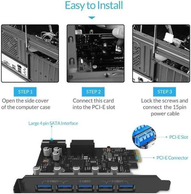 Alt view image 3 of 7 - Weastlinks USB 3.0 PCI-E Expansion Card 5 Ports Hub Adapter External Controller Express Card with 4-pin Power Connector Cord