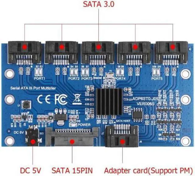 Alt view image 2 of 7 - Weastlinks SATA Expansion Card 1 to 5 Port SATA3.0 Controller Card Motherboard 6Gbps Multiplier SATAPort Riser Card Adapter for Motherboard