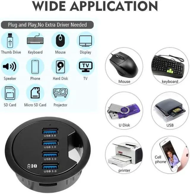 Alt view image 3 of 7 - WDX Desk-Fit (Diameter 3.14" or 80MM) 4 Port USB 3.0 Hub with 3.5mm Audio Mic Phone Jack/BC 1.2 USB Charger, 5V/2A Power Adapter for iPhone/Smart Phones(usb3.0 4 Port)