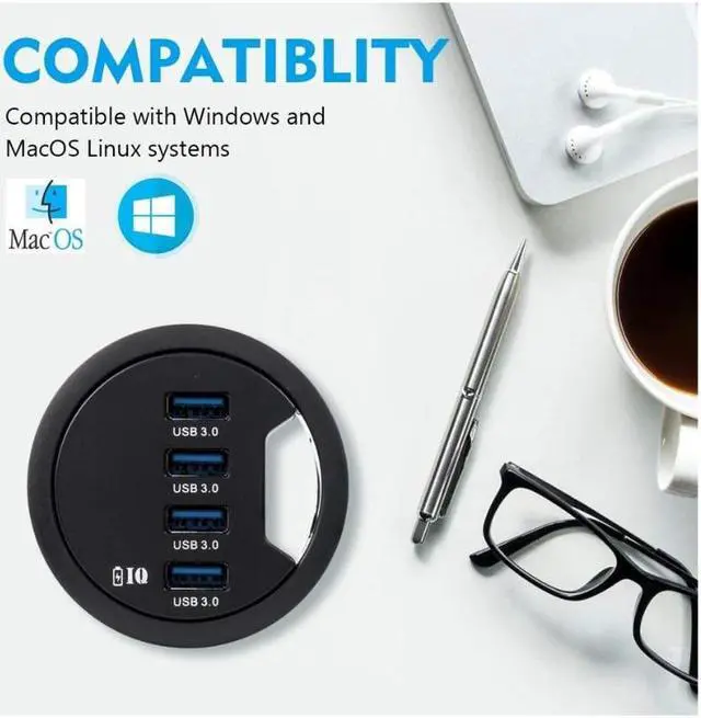 Alt view image 5 of 7 - WDX Desk-Fit (Diameter 3.14" or 80MM) 4 Port USB 3.0 Hub with 3.5mm Audio Mic Phone Jack/BC 1.2 USB Charger, 5V/2A Power Adapter for iPhone/Smart Phones(usb3.0 4 Port)