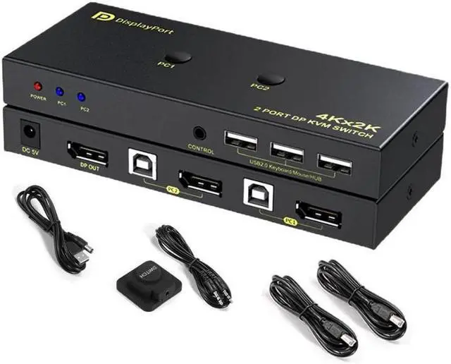 Main image of DisplayPort KVM Switch 2 Port, KVM Switch DisplayPort for 2 Computers Sharing 1 Monitor and 3 USB Devices, Support 4K @60Hz, 2K(2560X1440) @120Hz, with Extended Control Switch and 2 USB Cables