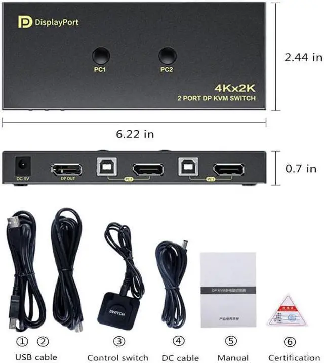 Alt view image 7 of 7 - DisplayPort KVM Switch 2 Port, KVM Switch DisplayPort for 2 Computers Sharing 1 Monitor and 3 USB Devices, Support 4K @60Hz, 2K(2560X1440) @120Hz, with Extended Control Switch and 2 USB Cables