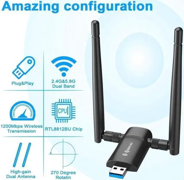 Alt view image 6 of 6 - Wireless USB WiFi Adapter PC - Nineplus 1200Mbps Dual 5Dbi Antennas 5G/2.4G WiFi Adapter for Desktop PC Laptop Windows11/10/8/7/Vista/XP, Wireless Adapter for Desktop Computer Network Adapters