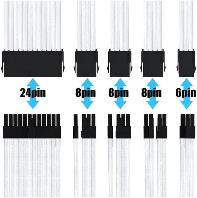Alt view image 5 of 7 - Mod Sleeved Cable, White Power Supply Cable Extension Kit, 24PIN ATX, 4+4 PIN EPS, Dual 6+2 PIN PCIE, 6 PIN PCI-E
