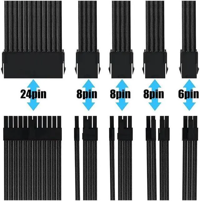 Alt view image 5 of 7 - Mod Sleeved Cable, black Power Supply Cable Extension Kit, 24PIN ATX, 4+4 PIN EPS, Dual 6+2 PIN PCIE, 6 PIN PCI-E Black
