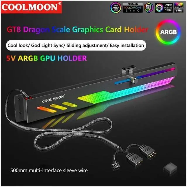 Main image of COOLMOON GT8 Graphics Card Bracket 5V ARGB Synchronous Horizontal Chassis Decoration GPU Support VGA Holder Video Card Stand(Black)