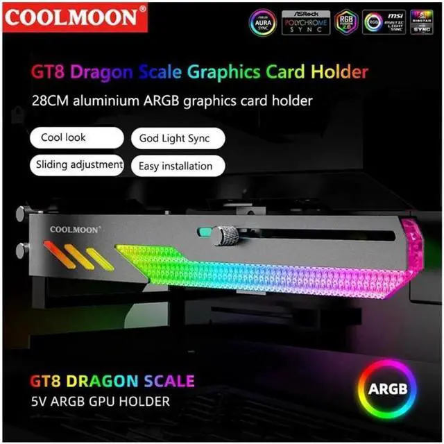 Alt view image 3 of 6 - COOLMOON GT8 Graphics Card Bracket 5V ARGB Synchronous Horizontal Chassis Decoration GPU Support VGA Holder Video Card Stand(Black)