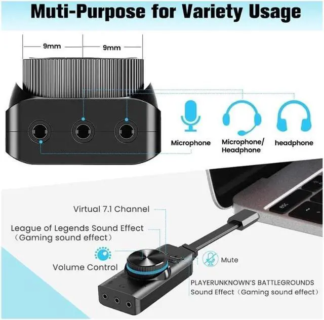 Alt view image 5 of 6 - USB Sound Card Adapter 7.1 Channel External Audio Adapter Stereo Sound Card Converter 3.5mm AUX Microphone Jack for Gaming Headset Earphone PS4 Laptop Desktop Windows Mac OS Linux, Plug Play