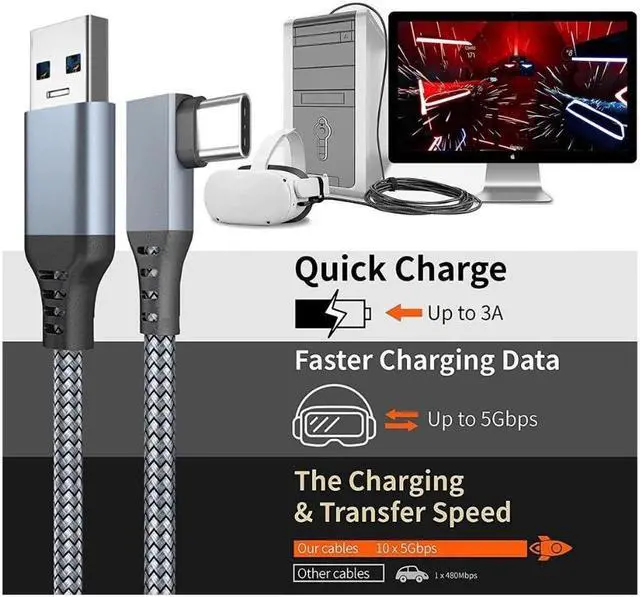 Alt view image 3 of 7 - VR Link Cable for Oculus/Meta Quest 2/1 and PC/Steam VR, 20FT/6M Braided USB 3.2 A to C Compatible for Oculus Quest 2 Link Cable, High Speed PC Data Transfer, Fast Charging for VR Headset (Grey)