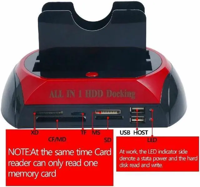 Alt view image 2 of 6 - Hard Drive Docking Station For SATA and IDE, USB to 2.5/3.5 Inch SATA IDE Dual Bay External Enclosure, All in 1 Card Reader XD/TF/MS/CF/ SD Card, USB Hub Function. for 2.5" 3.5" IDE SATA I/II/III HDD