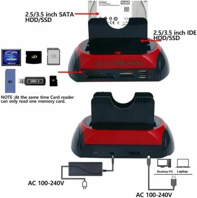 Alt view image 3 of 6 - Hard Drive Docking Station For SATA and IDE, USB to 2.5/3.5 Inch SATA IDE Dual Bay External Enclosure, All in 1 Card Reader XD/TF/MS/CF/ SD Card, USB Hub Function. for 2.5" 3.5" IDE SATA I/II/III HDD