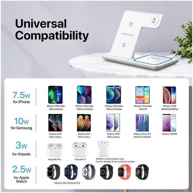 Alt view image 3 of 7 - Wireless Charger, Corn 3 in 1 Wireless Charging Station, Fast Wireless Charger Stand for iPhone 14/13/12/11/Pro/Max/XS/XR/X/8/Plus, for Apple Watch 7/6/5/4/3/2/SE, for AirPods 3/2/Pro( White)