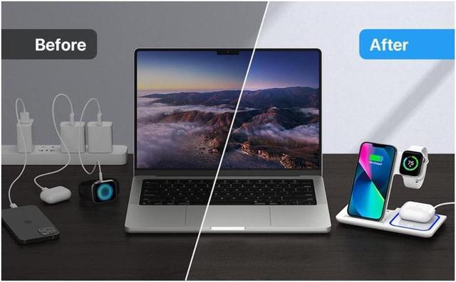 Alt view image 7 of 7 - Wireless Charger, Corn 3 in 1 Wireless Charging Station, Fast Wireless Charger Stand for iPhone 14/13/12/11/Pro/Max/XS/XR/X/8/Plus, for Apple Watch 7/6/5/4/3/2/SE, for AirPods 3/2/Pro( White)