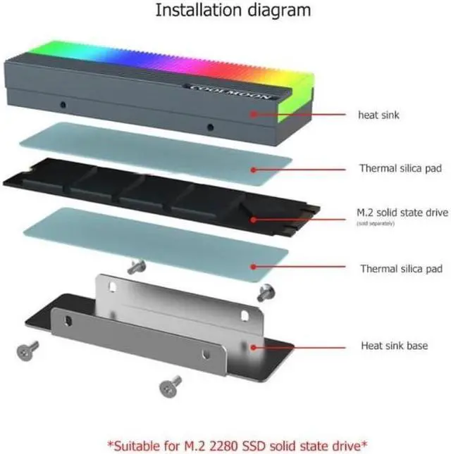 Alt view image 7 of 7 - COOLMOON ARGB M2 SSD Heatsink 5V 3Pin NVME NGFF M.2 2280 Solid State Drive Hard Disk Cooling Radiator Heat Sink Cooler Vest Thermal Pad