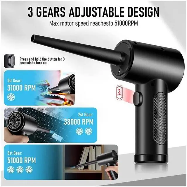 Alt view image 3 of 7 - Compressed Air Duster - 3 Gear Speed 55000 RPM 7600mAh 7.2KPA Electric Air Duster, Replaces Compressed Air Cans, Cordless air Blower Rechargeable for Cleaning Camera Computer, Household and Pet Hair