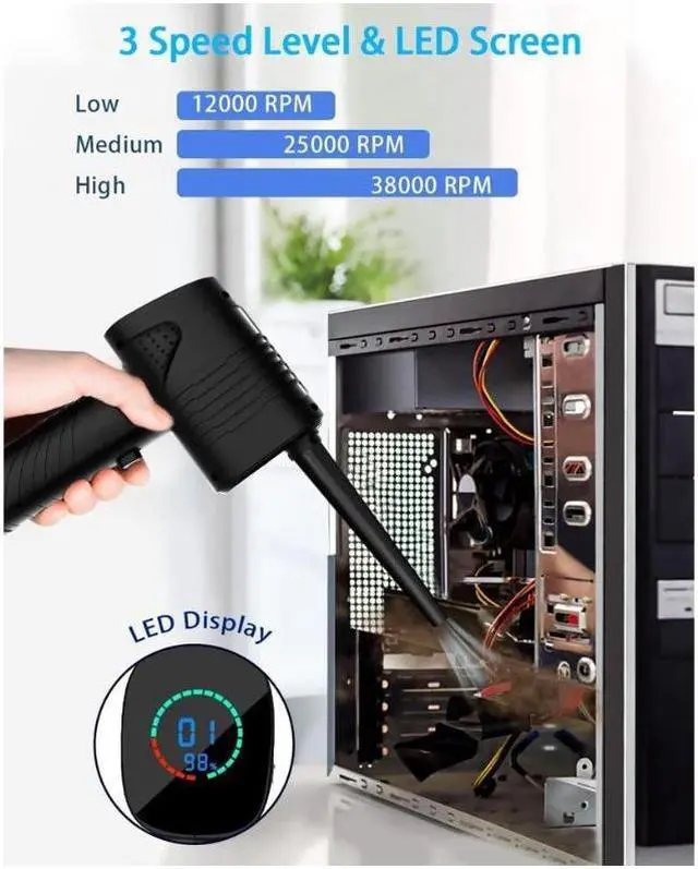Alt view image 6 of 7 - Compressed Air Duster, 6000mAh 3-Gear to 40000 RPM Compressed Air Duster with LED Screen, Portable Electric Air Can, Cordless Blower Computer Cleaning Kit, Brushless motor, low noise
