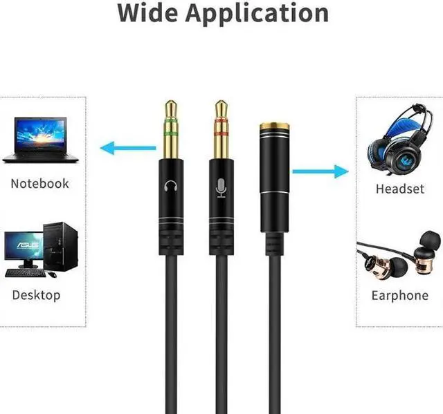 Alt view image 3 of 5 - 2 Pack Cablecc Black Dual 3.5mm Male to Single Female Headphone Microphone Audio Splitter Cable for Cell Phone & Tablet & Laptop
