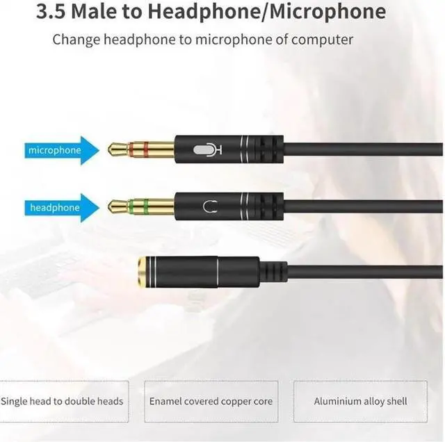 Alt view image 4 of 5 - 2 Pack Cablecc Black Dual 3.5mm Male to Single Female Headphone Microphone Audio Splitter Cable for Cell Phone & Tablet & Laptop
