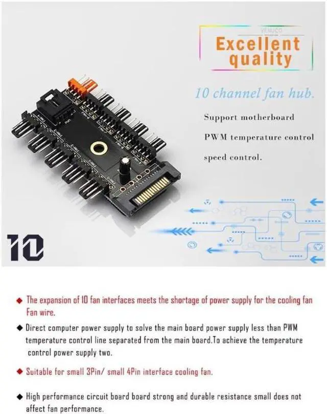 Alt view image 5 of 7 - (2 Pack) Chassis Fan Hub CPU Cooling HUB 10 Port 12V 4 Pin Fan PWM Fan Hub SATA Controller,Computer/pc Case Fan controller Power Cable 1 Female to 10 Male 4Pin Fan Hub Splitter Cable for 3Pin&4Pin PWM