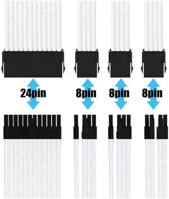 Alt view image 2 of 6 - Mod Sleeved Cable, White Power Supply Cable Extension Kit, 30CM long with cable comb ,1x24PIN ATX, 1x4+4 PIN EPS,2x Dual 6+2 PIN PCIE