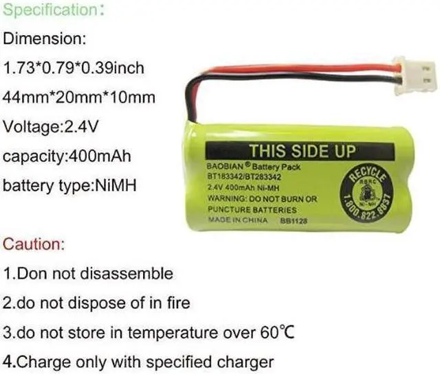 Alt view image 2 of 7 - 2.4V 400mAh Cordless Home Phone Battery Compatible with ATT BT162342 BT162342 BT166342 BT166342 BT266342 BT266342 BT183342 BT183342 BT283342 BT283342 VTech CS6329 CS6114 CS64193 Pack
