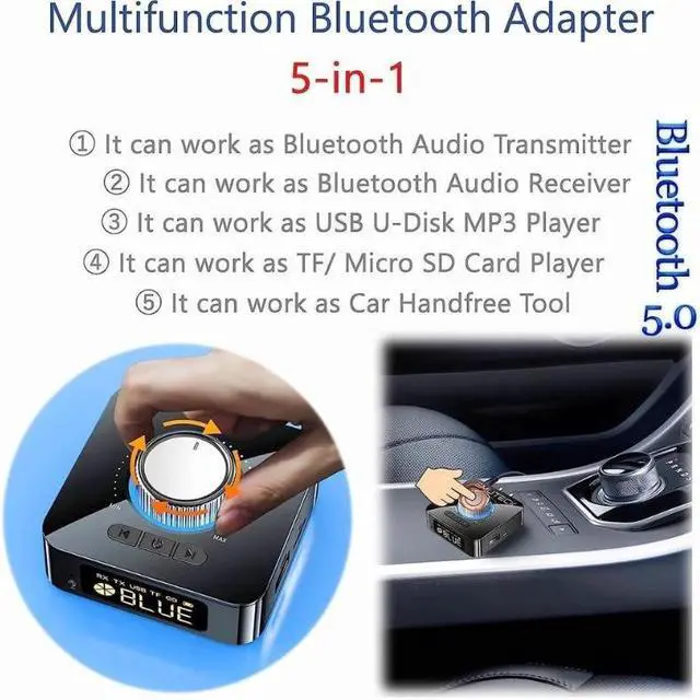 Alt view image 2 of 7 - Bluetooth 5.0 Audio Adapter, 5-in-1 Wireless Music Transmitter AUX Receiver USB TF Micro SD Card MP3 Player for TV CD PC Car Home Stereo to Wireless Wired Soundbar Headphones Speakers