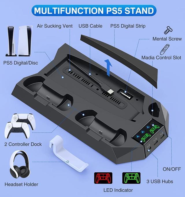  PS5 Stand with Cooling Station PS5 Controller Charging Station  for Playstation 5 PS5 Console Disc/Digital Edition, PS5 Accessories-Cooler  Fan/Remote Charger/Headset Holder(Not Fit PS5 Slim Versions) : Video Games